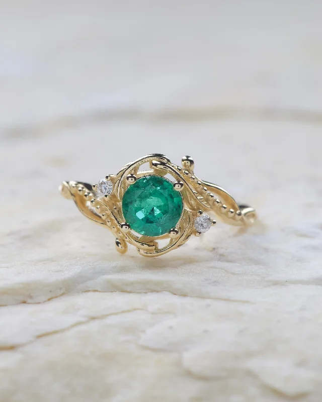 Women's adjustable rings-READY TO SHIP: Undina engagement ring in 14K yellow gold, natural 6.5 mm emerald, natural diamonds, AVAILABLE RING SIZES: 5.5 - 8.5 US