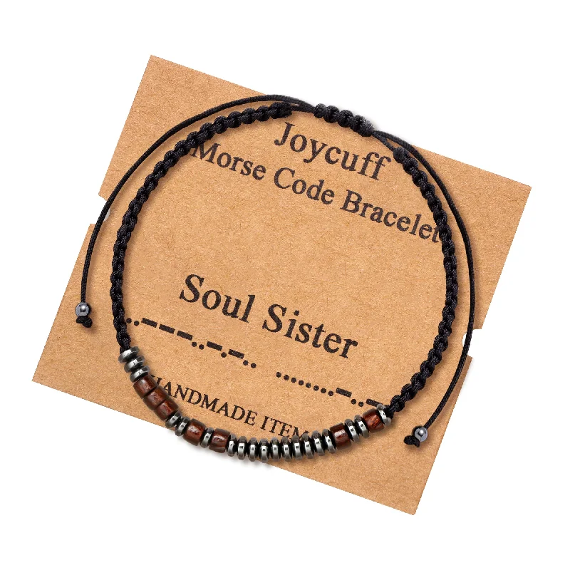 Women's travel bangles-Soul Sister Wood Morse Code Bracelet for BFF Best Friend Friendship Jewelry