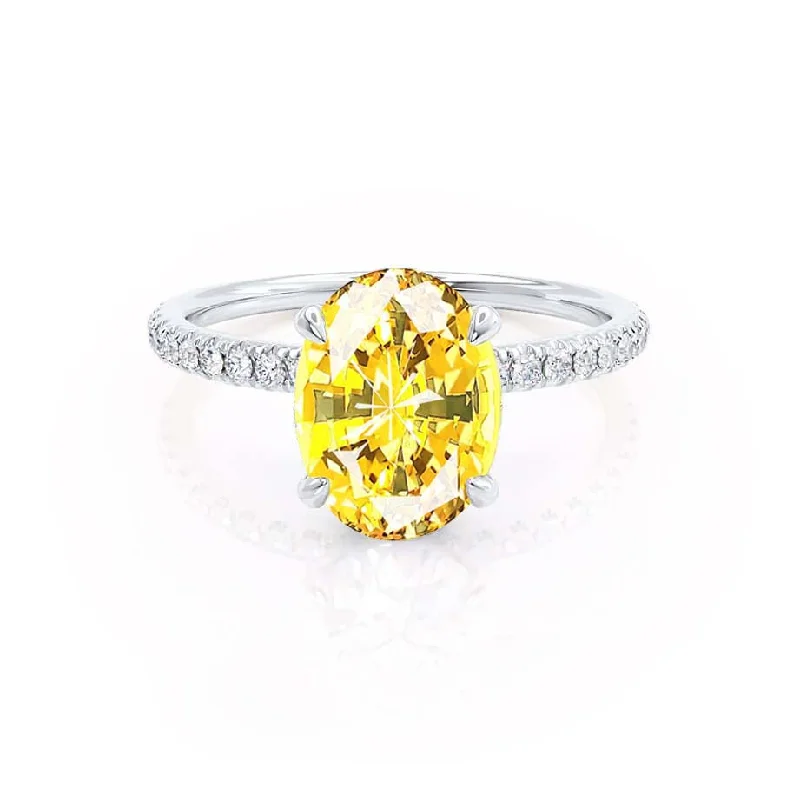 Women's Mother's Day rings-LIVELY - Chatham® Oval Yellow Sapphire 950 Platinum Petite Hidden Halo Pavé Shoulder Set Ring