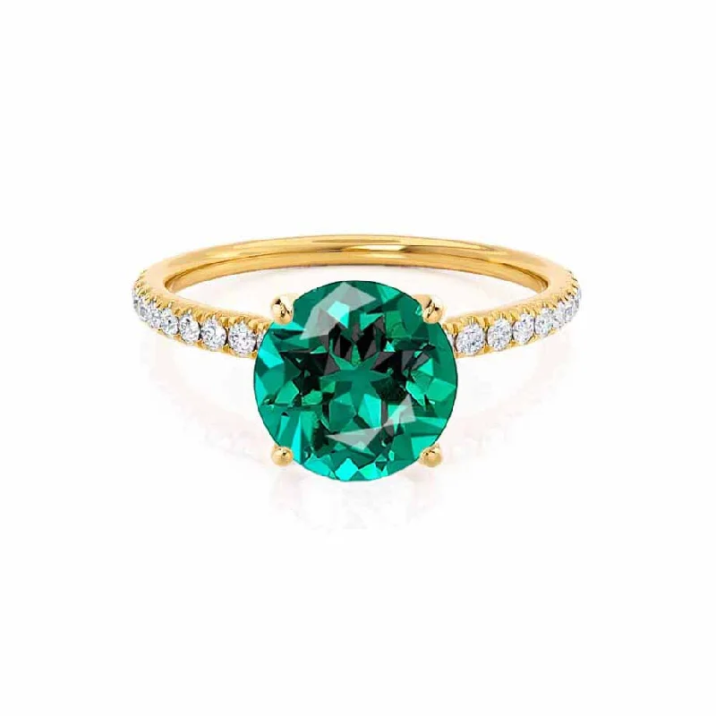 Women's wedding band rings-MACY - Chatham® Round Emerald 18k Yellow Gold Petite Pavé Shoulder Set Ring