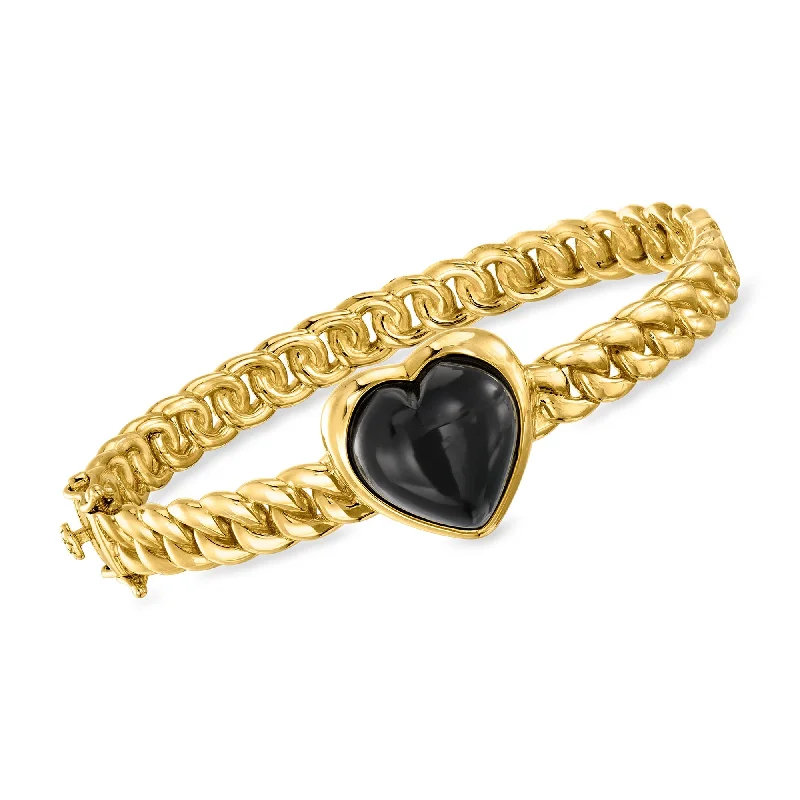 Women's leather bracelets-Ross-Simons Onyx Heart Bangle Bracelet in 18kt Gold Over Sterling