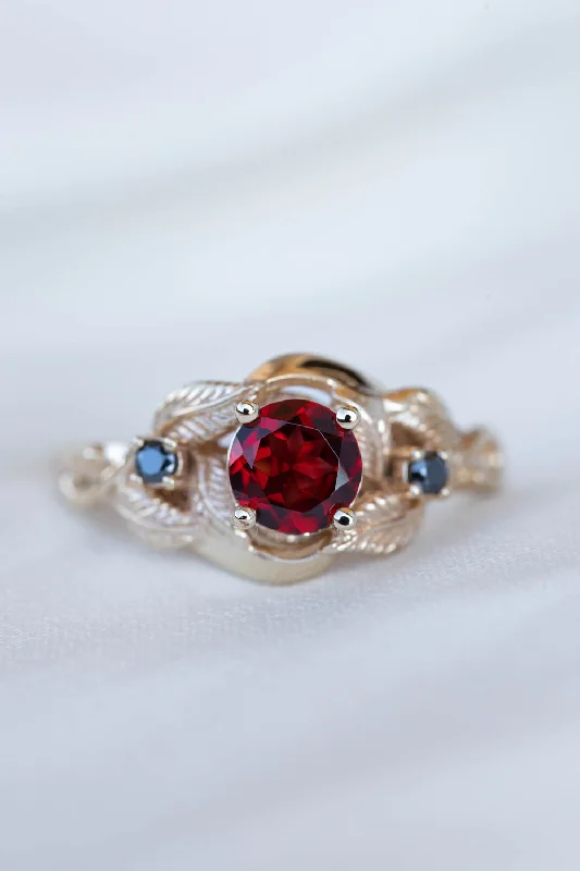 Women's statement rings-Natural garnet and black lab grown diamonds engagement ring, gold leaf proposal ring  / Azalea