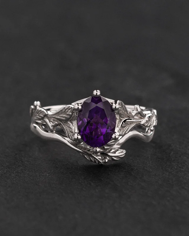 Minimalist women's rings-Amethyst engagement ring with a matching leaf wedding band / Freesia