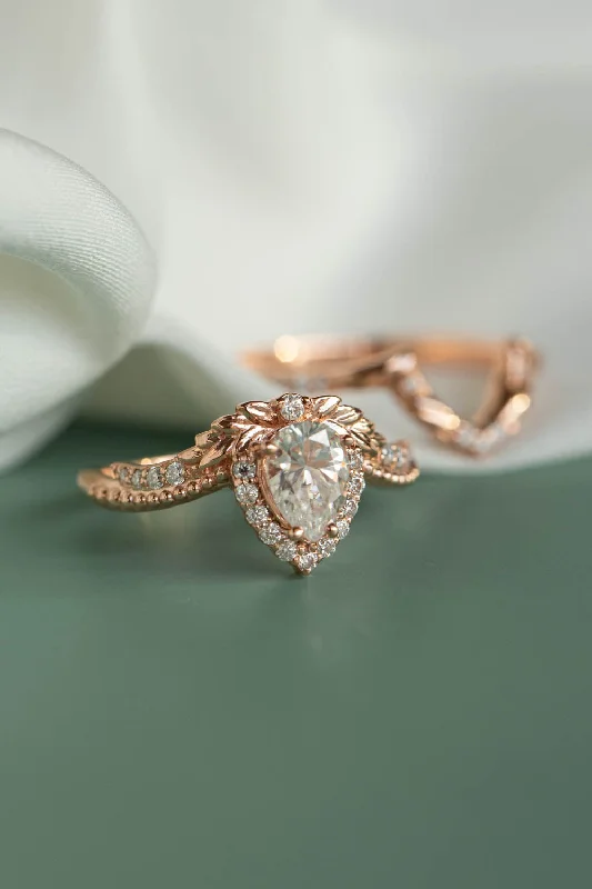 Women's photo rings-Lab Grown diamond leaf engagement ring, antique style rose gold ring with diamonds / Lyonella