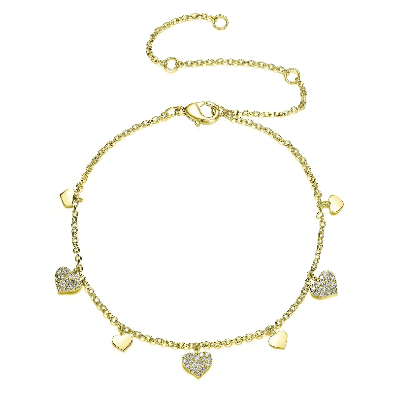 Women's Buddha bangles-Sterling Silver 14k Gold Plated Cubic Zirconia Heart Charm Bracelet