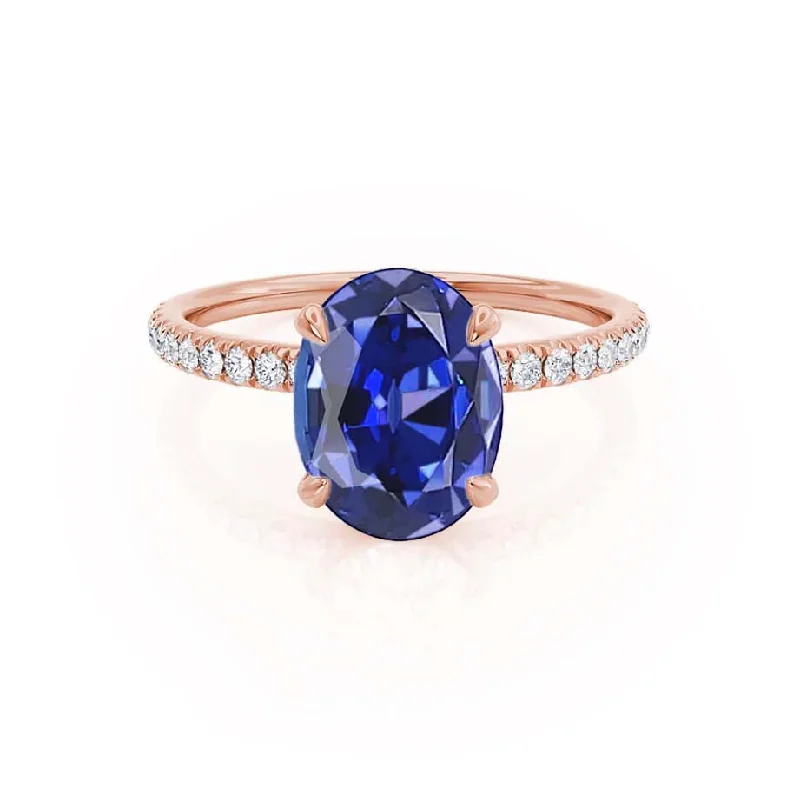 Women's gift rings-LIVELY - Chatham® Oval Blue Sapphire 18k Rose Gold Petite Hidden Halo Pavé Shoulder Set Ring