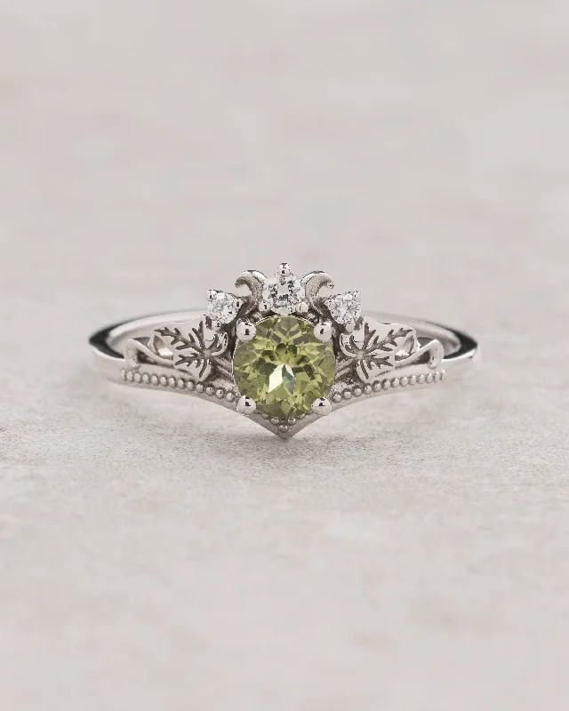 Women's crystal rings-Ivy leaves engagement ring with peridot and diamonds / Ariadne