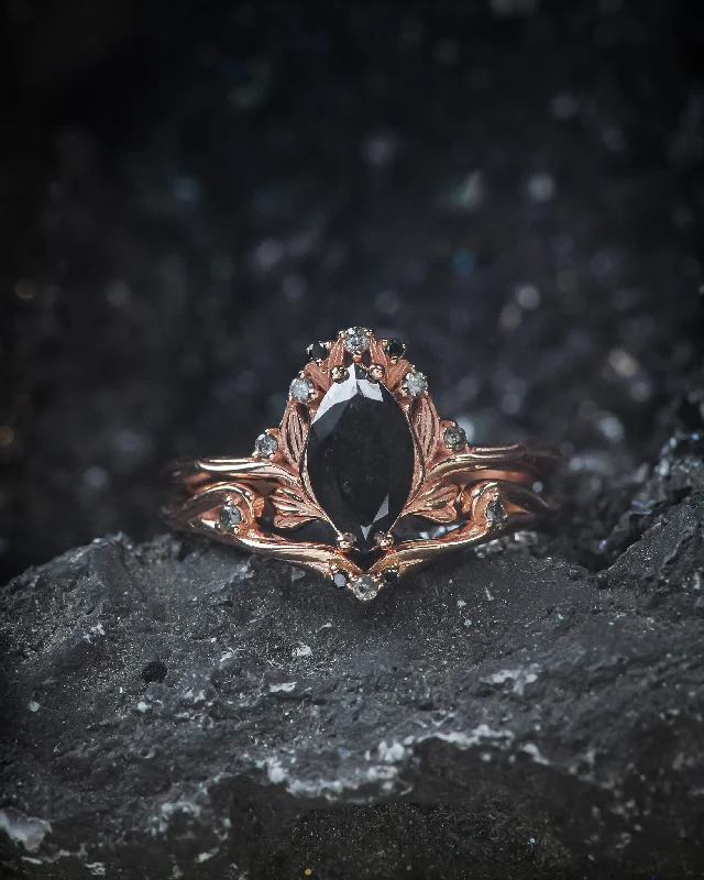 Luxury women's rings-READY TO SHIP: Unique Iris bridal set in 14K rose gold with natural salt&pepper diamond & natural accent diamonds, AVAILABLE RING SIZES: 5.5 - 8.5 US