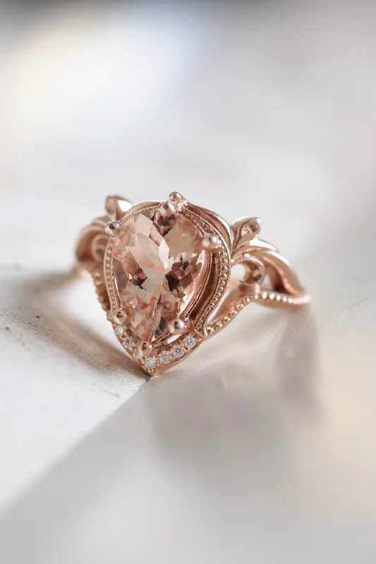 Women's cocktail rings-READY TO SHIP: Lida ring in 14K rose gold, peach morganite 10x7 mm, moissanites, RING SIZE 7.75 US