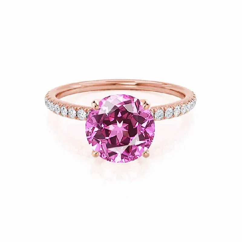 Women's DNA rings-MACY - Chatham® Round Pink Sapphire 18k Rose Gold Petite Pavé Shoulder Set Ring