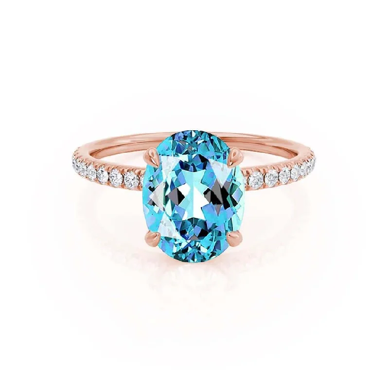 Women's seasonal rings-LIVELY - Chatham® Oval Aqua Spinel 18k Rose Gold Petite Hidden Halo Pavé Shoulder Set Ring