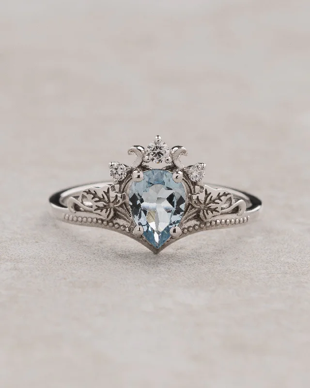 Women's emerald rings-Blue clear aquamarine engagement ring with ivy leaves / Ariadne