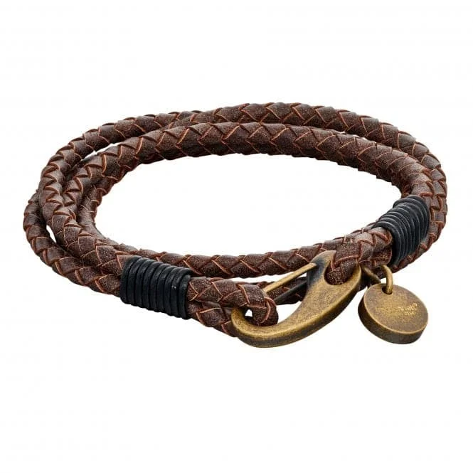 Women's luxury gift bangles-Mens Woven Brown Leather Bronze Clasp Bracelet B5273