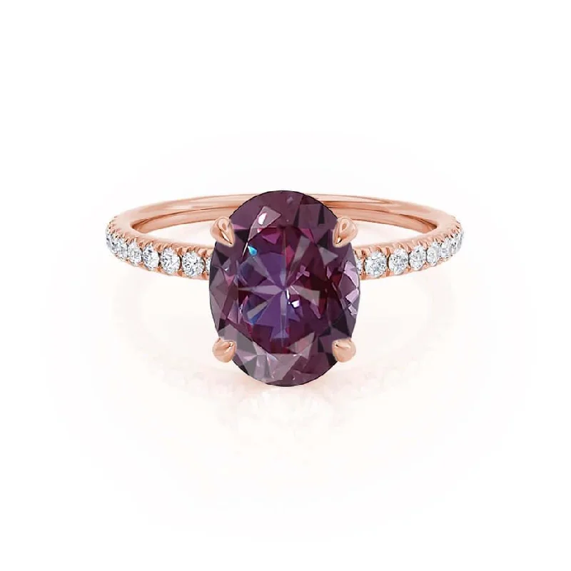 Women's moon phase rings-LIVELY - Chatham® Oval Alexandrite 18k Rose Gold Petite Hidden Halo Pavé Shoulder Set Ring