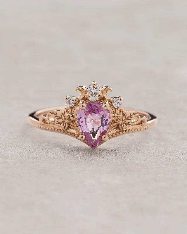 Vintage women's rings-Delicate pink sapphire and golden leaves engagement ring / Ariadne