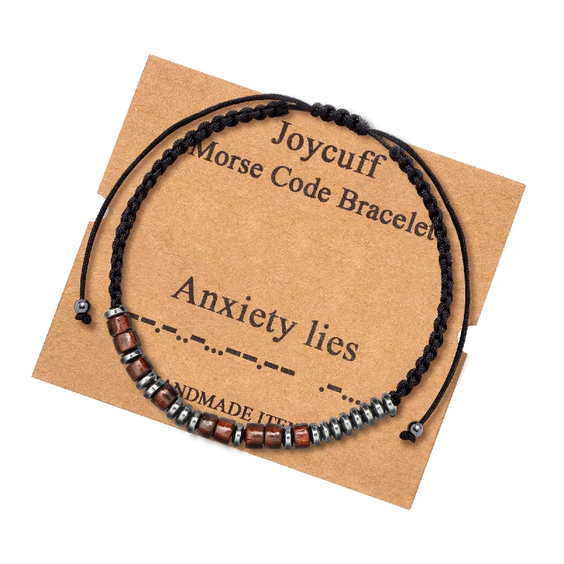 Women's gold-plated bangles-Anxiety Lies Wood Morse Code Bracelet Secret Message Inspirational Jewelry for Her