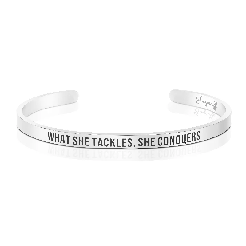 Women's symbolic bangles-What She Tackles She Conquers Mantra Bracelet Achievement Award DS Team Gift for Her