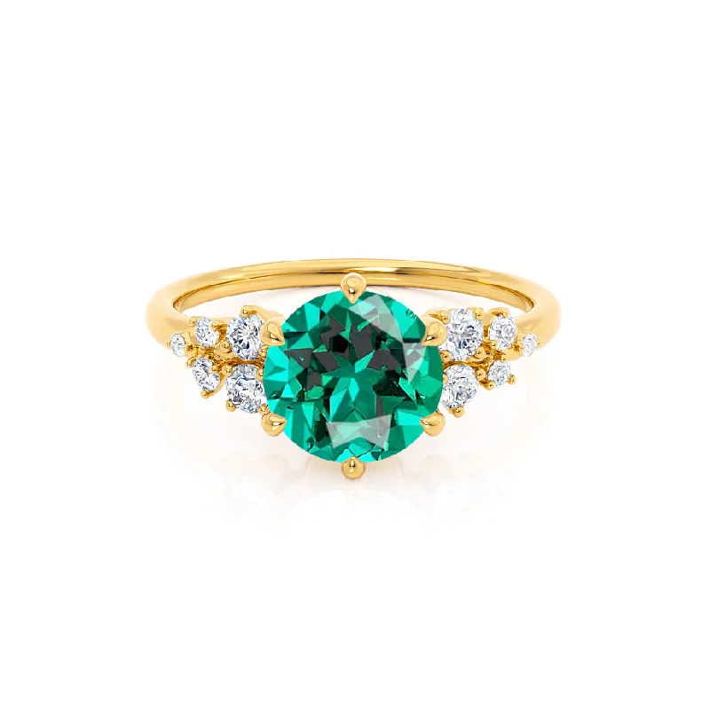 Women's alloy rings-ALYA - Chatham® Round Emerald Starburst Cluster Shoulder Set Engagement Ring 18k Yellow Gold