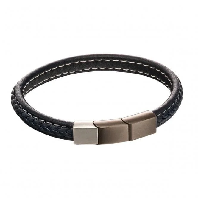 Women's eco-friendly bangles-Plait Detail Navy Leather Mixed Brushed Finish Bracelet B5402