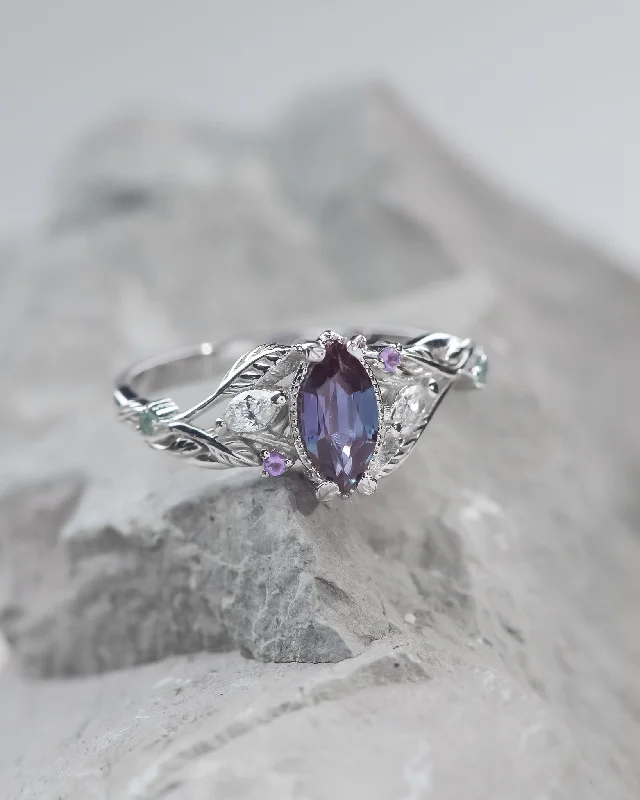 Women's promise rings-Colour changing alexandrite engagement ring, proposal ring with alexandrites, amethysts and diamonds / Patricia