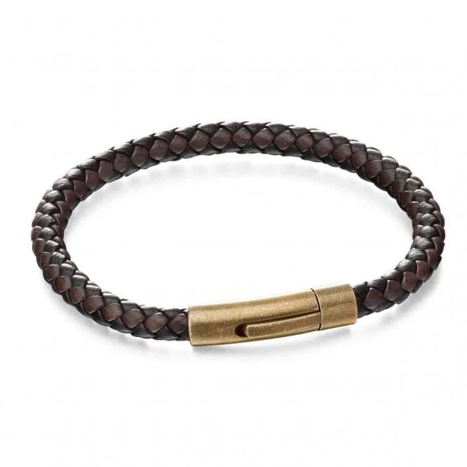 Women's luxury brand bangles-Brown Black Woven Leather Bracelet B5424