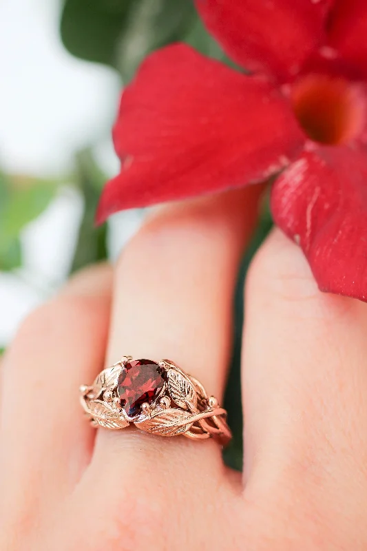 Women's evil eye rings-Red garnet engagement ring, leaves ring / Viola