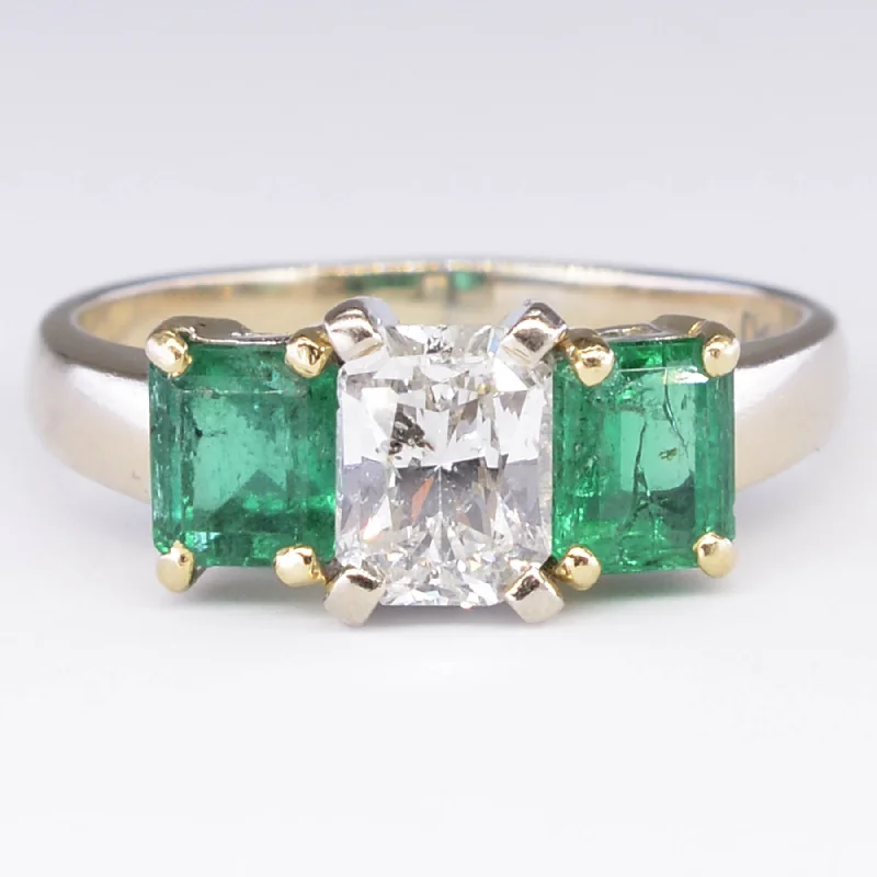 Women's crystal rings-Three Stone Emerald and and Canadian Diamond Ring | 1.45ctw, 1.18ct | SZ 8.75