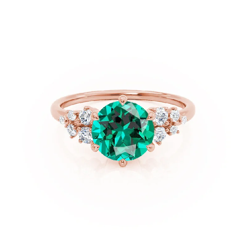 Women's silver-plated rings-ALYA - Chatham® Round Emerald Starburst Cluster Shoulder Set Engagement Ring 18k Rose Gold