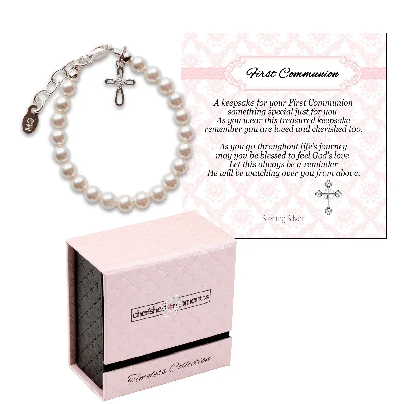 Women's investment bangles-Sterling Silver High-End Austrian Simulated Pearl Cross Bracelet First Communion Gift for Girls