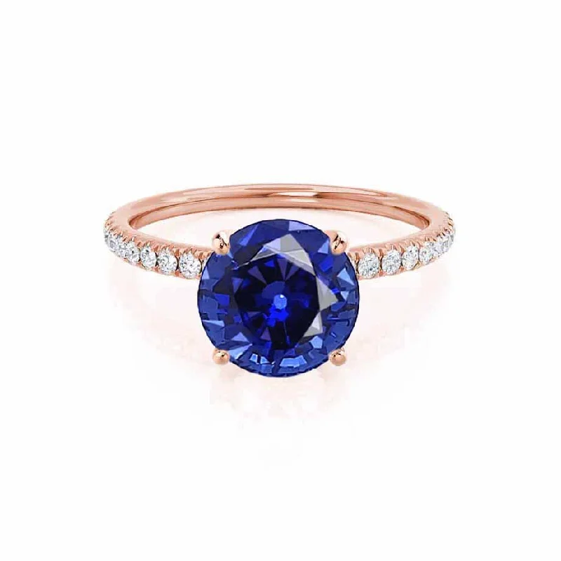 Women's zodiac rings-MACY - Chatham® Round Blue Sapphire 18k Rose Gold Petite Pavé Shoulder Set Ring