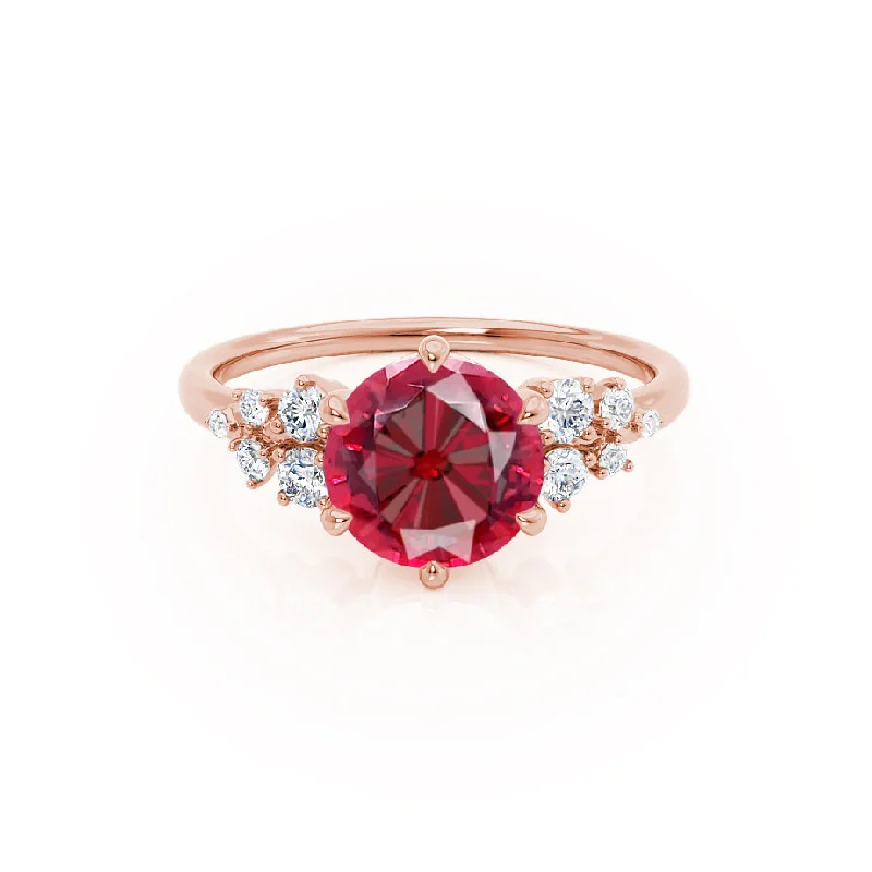 Women's sterling silver rings-ALYA - Chatham® Round Ruby Starburst Cluster Shoulder Set Engagement Ring 18k Rose Gold