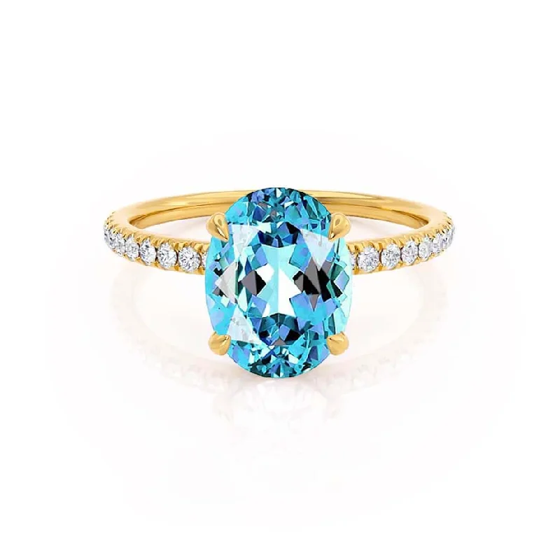 Women's modern design rings-LIVELY - Chatham® Oval Aqua Spinel 18k Yellow Gold Petite Hidden Halo Pavé Shoulder Set Ring