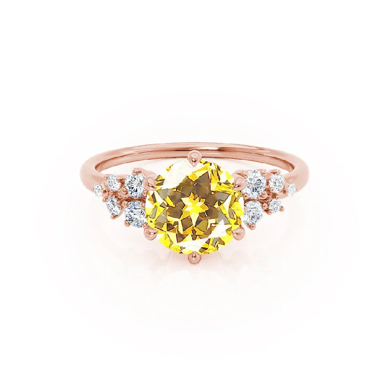 Women's gemstone rings-ALYA - Chatham® Round Yellow Sapphire Starburst Cluster Shoulder Set Engagement Ring 18k Rose Gold